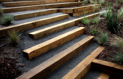 wood and dg or gravel Hillside Steps, Terraced Gardens, Terraced Garden, Sloped Backyard Landscaping, Landscaping A Slope, Landscape Stairs, Landscape Steps, Sloped Yard, Lagoon Pool