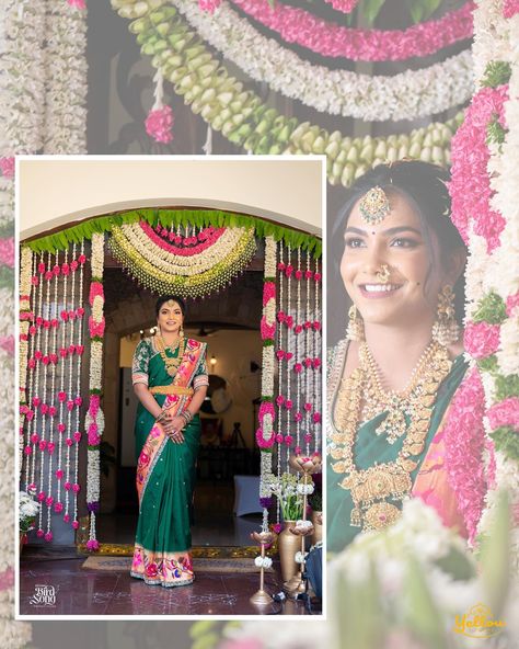 Ravali's Pellikuthuru decor transcends mere aesthetics, it's a symphony of her heritage, dreams, and the promise of forever! ⁣ Every ornament, every arrangement tells a story - a story of familial bonds, cherished memories, and the anticipation of a lifetime together!! 💚🌸⁣ ⁣ Ravali x Bhargav⁣ ⁣ Event planned and executed by @yellowplanners Function Background, Pellikuthuru Decoration, Pellikuthuru Decor, Boxwood Backdrop, Home Flower Decor, Housewarming Decorations, Hall Interior Design, Traditional Wedding Decor, South Indian Weddings