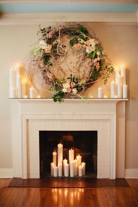 18 Floral Wedding Wreaths That Are Way Prettier Than Flower Crowns | Brit + Co Faux Foyer, Diy Christmas Fireplace, Shabby Chic Decorating, Fake Fireplace, Candles In Fireplace, Fireplace Logs, Christmas Fireplace Decor, Spring Decoration, Romantic Candles