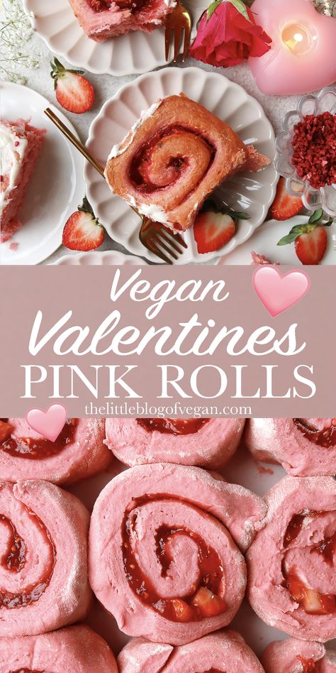 Pink cinnamon rolls with cream cheese Pink Cinnamon Rolls, Valentines Strawberry, Strawberry Rolls, Vegan Valentines, Gluten Free Valentines, Raspberry Compote, Strawberry Cinnamon Rolls, Vegan Cream Cheese Frosting, Cinnamon Roll Dough