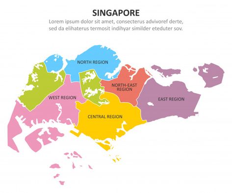 Singapore multicolored map with regions. | Premium Vector Peta Singapore, Map Of Singapore, Singapore Map, Travel Book Design, Northeast Region, Blue Map, Infographic Map, Vector Infographic, Childcare Activities