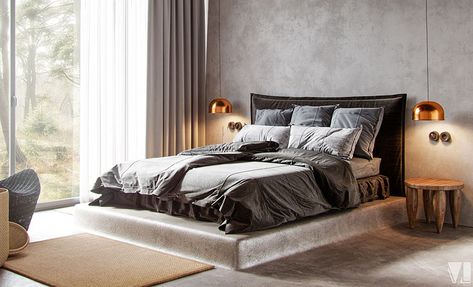 This modern bedroom design integrates the bed frame into the floor for a smooth and seamless appearance. #Bedroom #ModernBedroom #BedFrame Cement Bedroom, Concrete Bed, Japandi Bedroom Design, Japandi Bedroom, Loft Interior, Boho Interiors, Industrial Loft, Luminaire Design, Modern Wall Decor