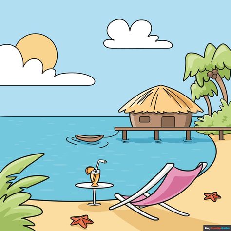 Learn How to Draw a Summer Vacation: Easy Step-by-Step Drawing Tutorial for Kids and Beginners. See the full tutorial at https://easydrawingguides.com/how-to-draw-a-summer-vacation/ . Summer Season Drawing, Summer Drawing Ideas, Vacation Drawing, Summer Arts And Crafts, Drawing Ideas For Beginners, Beginners Drawing, Summer Drawings, Easy Drawing Ideas, Beach Drawing