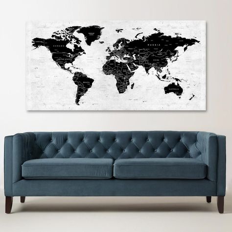 Black and white world map wall art on my #etsy shop: https://etsy.me/3aFfXtZ #worldmapcanvas #pushpintravelmap #pushpinworldmap Push Pin Travel Map, Pin Travel Map, Map Black And White, Push Pin World Map, Detailed World Map, World Map Decor, Pushpin Travel Map, Adventure Map, Landscape Wall Decor