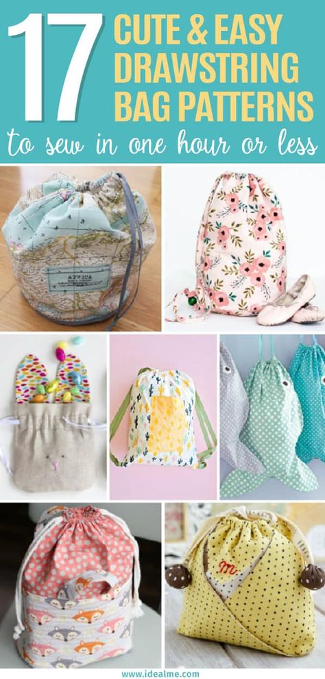 Check out these 17 easy drawstring bag patterns to sew in one hour or less. Soon you'll be making drawstring bags like crazy with these fantastic tutorials. Easy Drawstring Bag, Drawstring Bag Tutorial, Free Apron Pattern, Drawstring Bag Diy, Bag Construction, Drawstring Bag Tutorials, Drawstring Bag Pattern, Toy Sack, Small Drawstring Bag