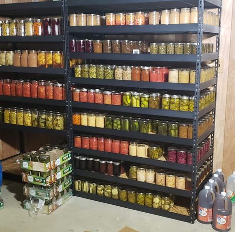 Bulk Storage Ideas Garage, Canning Organization Ideas, Canning Set Up, Underground Cellar Food Storage, Root Cellar Organization, Canning Pantry Shelves, Canning Room Storage, Home Canning Storage, Canning Room Ideas