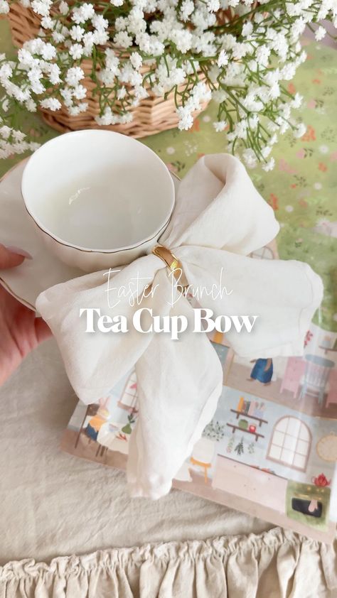 Make Easter Brunch extra special with tea cup bows or coffee cup bows. You don’t need fancy napkins to try this. Just buy the large dinner… | Instagram Derby Tea Party Ideas, Tea Cup Party Decorations, Mothers Day Afternoon Tea Ideas, High Tea Themes Ideas, Bridesmaid Proposal Tea Party, Bridgerton Party Activities, Brunch Tea Party Food, Bridgerton Tea Party Ideas, High Tea Party Ideas