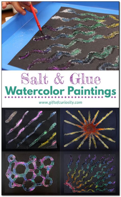 Salt and glue watercolor paintings - Gift of Curiosity Water Process Art Preschool, Process Art Painting, Preschool Glue Table, Glue Activity For Preschool, Sensory Art Preschool, Watercolor Process Art, River Crafts Preschool, Science Art Preschool, Process Art Elementary