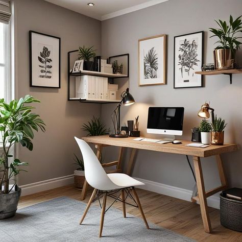 Brown And White Office Ideas, Wfh Office Paint Ideas, Light Home Office Design, Office Room Apartment, Small Neutral Office Space, White Home Office Decor, Small Hallway Office, Home Office Taupe, Apartment Bedroom Office Combo