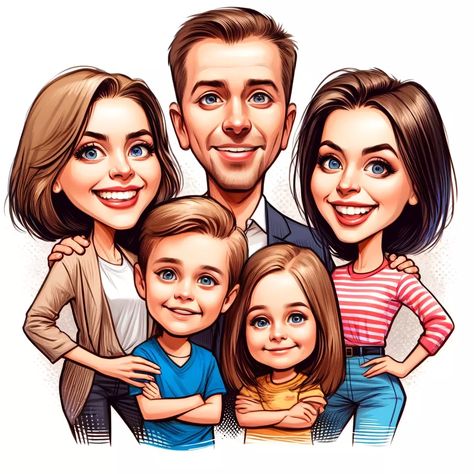 A heartwarming caricature portrait of a family of 5. Perfect for celebrating a special occasion or for simply cherishing your loved ones. #family #caricature . #Caricature_Family #Caricature_Gifts #Caricature_Portrait #Personalized_Caricature Caricature Family, Gift Website, Caricature Examples, Custom Family Illustration, Caricature Gifts, Caricature Portrait, Personalized Caricature, Funny Cartoon Characters, Caricature Sketch