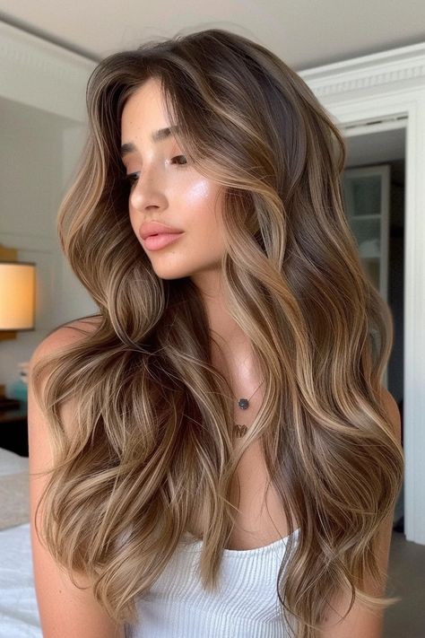 Naturally Highlighted Brown Hair, Natural Highlights For Brunette Hair, Light Brown Brunette Balayage, Winter 2024 Balayage, Fall Brown Hair Balayage, Auburn Brown With Blonde Highlights, Cinnamon Hair With Highlights, Hair Color For The Fall, Brunette Hair Light Brown Highlights