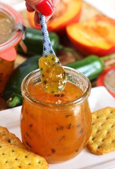 Super easy Peach Jalapeño Jam recipe is made with just three ingredients! Fresh peaches are the star ingredient in this addicting jam. | @suburbansoapbox Peach Jalapeno Jelly Recipe Canning, Peach Jalapeno Jelly Recipe, Jalapeno Jelly Recipe Canning, Peach Jalapeno Jelly, Jalapeno Jam Recipe, Freezer Jams, Peach Jalapeno Jam, Pepper Jelly Recipes, Make Jam