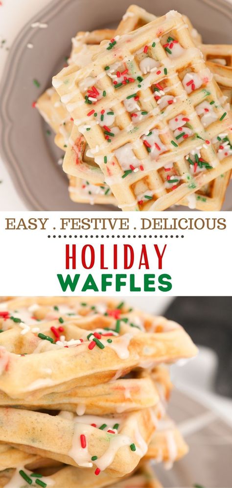 A classic waffle recipe that's packed with red and green jimmies and topped with icing, and more sprinkles. Perfect for Christmas morning! They are delicious, easy to make AND festive. Plus, they only take 20 minutes to make. What more could you ask for? Christmas Waffle Ideas, Christmas Breakfast Waffles, Christmas Morning Waffles, Christmas Waffle Recipe, Christmas Party Breakfast Ideas, Breakfast Christmas Ideas, Christmas Waffles For Kids, Peppermint Waffles, Christmas Waffle Bar