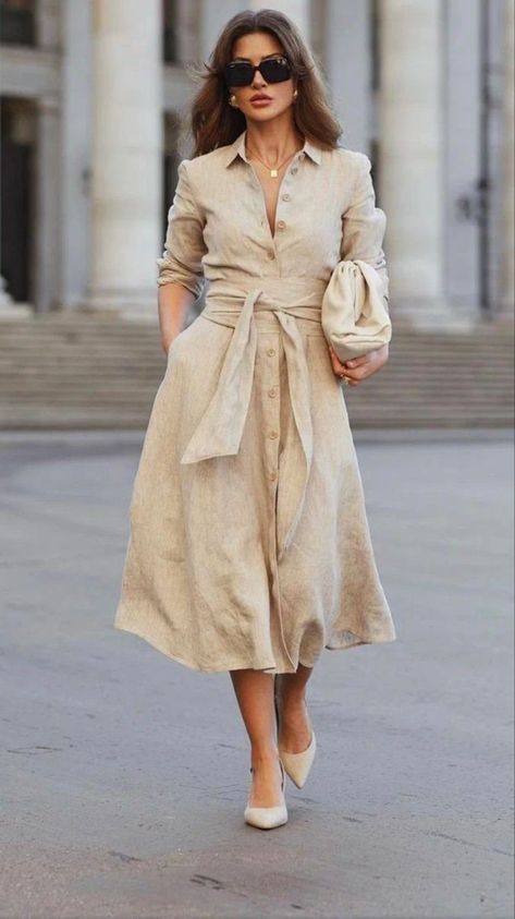 Linen Style Fashion, Old Money Outfits, Elegant Cocktail Dress, Classy Fashion, Mode Casual, Stretchy Dress, Looks Chic, Elegant Shirt, 가을 패션