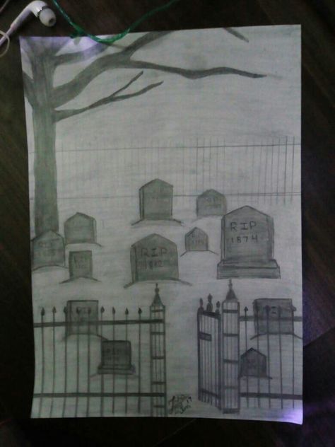 Creepy Cemetery Drawing, Easy Graveyard Drawing, Cemetery Drawing Easy, Cemetery Drawing Graveyards, How To Draw A Graveyard, Graveyard Drawing Reference, Creepy Landscape Drawing, How To Draw A Spooky Tree, Halloween Graveyard Drawing