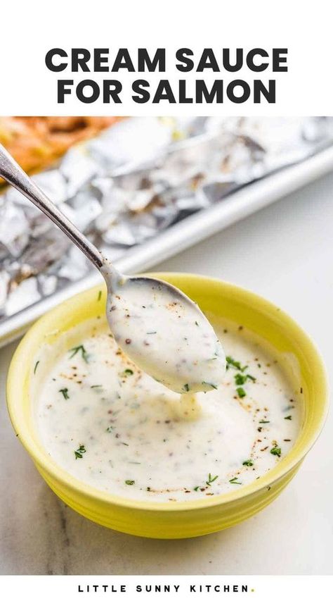 This herb cream sauce for salmon is quick and easy to make that you'll whip it up in minutes every time you make salmon! It's creamy, garlicky and adds lot of flavor to the baked salmon. Salmon Cream Sauce Recipes, Salmon With A Sauce, Sauce To Go With Salmon, Garlic Cream Sauce For Salmon, Healthy Sauces For Salmon, Sauce Recipe For Salmon, Baked Salmon With Cream Sauce, Salmon In Cream Sauce Recipe, Salmon And Cream Sauce