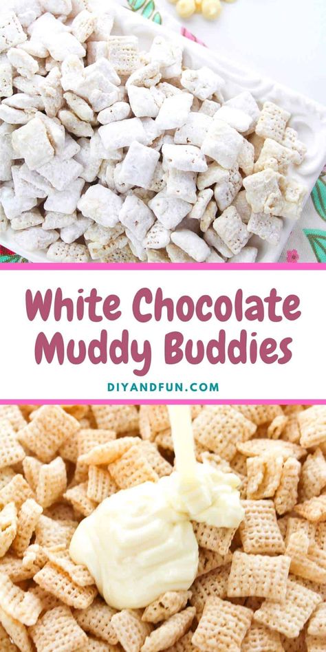 White Chocolate Muddy Buddies Puppy Chow is a simple three ingredient snack idea that kids and adults love. Sugar Free Option. Puppy Chow No Chocolate, Vanilla Puppy Chow, Peanut Free Muddy Buddies, Puppy Chow Chex Mix Recipe Christmas White Chocolate, White Puppy Chow, Puppy Chow Chex Mix Recipe No Peanut Butter, Cheerios Puppy Chow, Puppy Chow White Chocolate, Valentine Muddy Buddy Recipe