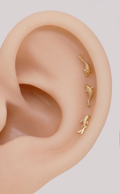 14k Solid Gold Koi Fish Cartilage Earring Tiny Tragus Stud Helix Conch Piercing Cute Stud Earring Minimalist Earrings Flat Back Earring 20g - Etsy UK Conch Ear Piercings, Helix Conch Piercing, Gold Koi Fish, Gold Koi, Cool Ear Piercings, Pretty Ear Piercings, Tragus Stud, Cute Ear Piercings, Cute Stud Earrings