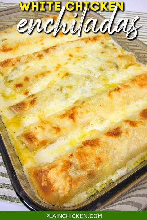 White Chicken Enchiladas - our favorite chicken enchilada recipe! SO creamy and delicious! No cream of anything soup! Tortillas stuffed with chicken and cheese and topped with a quick white sauce made with flour, butter, chicken broth, sour cream, and green chiles. Ready in about 30 minutes. We love these easy creamy white chicken enchiladas! #mexican #sourcream #chicken #enchiladas Sour Cream Sauce For Enchiladas, Chicken Enchiladas With Cream Cheese, The Best Chicken Enchiladas, Best Chicken Enchiladas, Sour Cream Chicken Enchilada Recipe, Sour Cream Enchiladas, Best Enchiladas, White Chicken Enchiladas, Enchilada Recipe