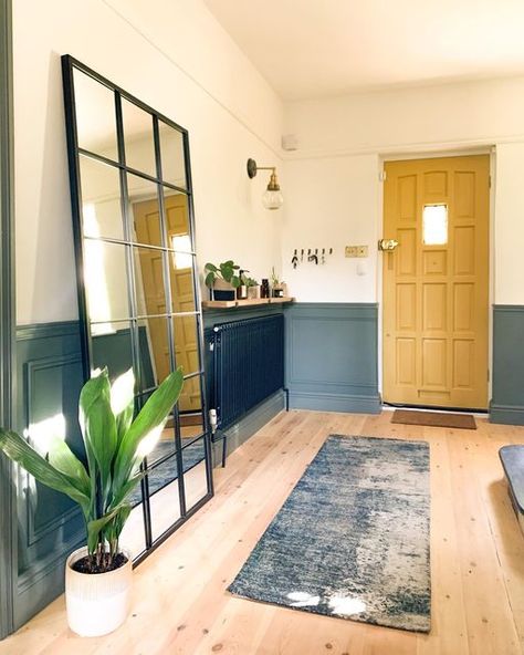 Dark Teal Hallway, Teal Hallway, 1930s Hallway, Hallway Blue, Painted Hallway, Hallway Inspiration, Hallway Design, Yellow Doors, Plant Aesthetic