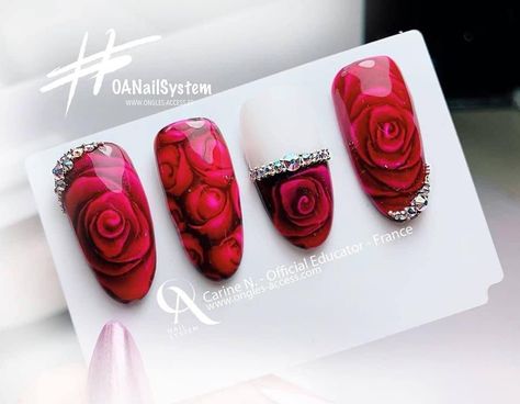 Green Rose Nails, Blooming Gel Nail Art Rose, Blooming Gel Rose Nails, Blooming Rose Nail Art, Red Roses Nails, Red Rose Nail Art, Rose Nail Art Designs, Blooming Nails, Rose Nail Design