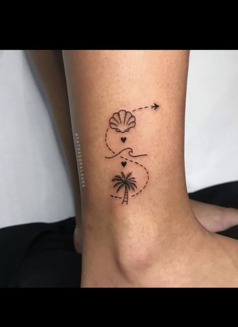 Beachy Matching Tattoos, Side Ankle Tattoos For Women, Obx Tattoos, Beachy Tattoos For Women, Beachy Tattoos, Bestie Tattoos, Grace Tattoos, Swan Tattoo, Tropical Tattoo