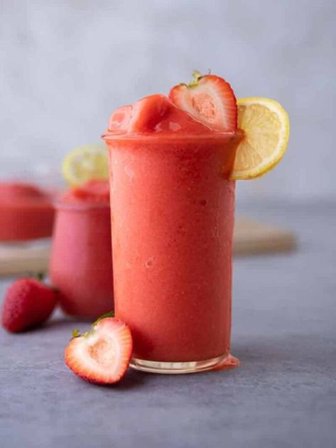 Easy Frozen Strawberry Lemonade - Lifestyle of a Foodie Watermelon Slushie Recipe, Frozen Strawberry Lemonade Recipe, Frozen Strawberry Lemonade, Lifestyle Of A Foodie, Homemade Strawberry Lemonade, Strawberry Lemonade Recipe, Frozen Drink Recipes, Fun Drink Recipe, Iced Drinks Recipes