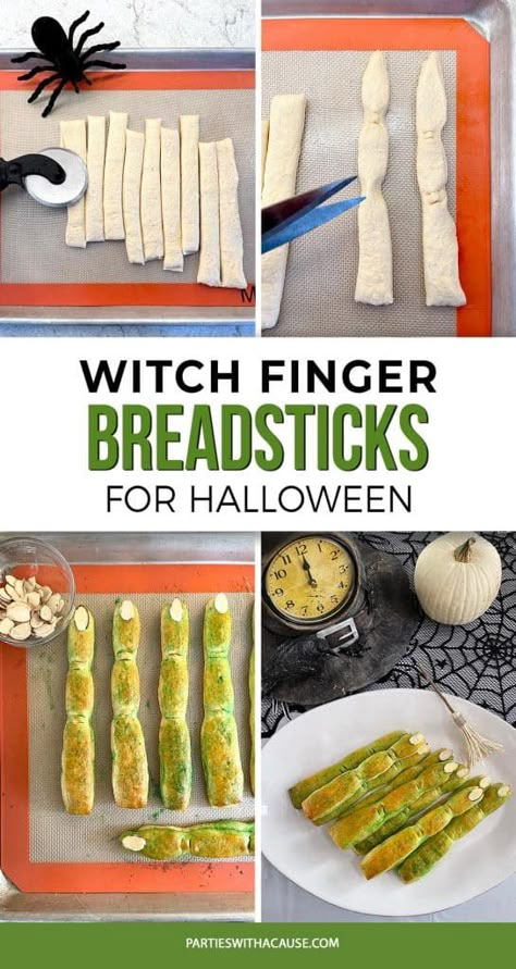 Simple witch finger breadsticks are a must have for Halloween dinners! This recipe uses store bought dough and couldn't be easier! Get the details at PartiesWithACause.com Breadstick Fingers Halloween, Witches Fingers Mozzarella Sticks, Halloween Witch Finger Breadsticks, Witch Finger Breadsticks Easy, Finger Breadsticks Halloween, Witch Fingers Breadsticks, Witch Fingers Food, Witches Fingers Breadsticks, Halloween Cheese Sticks