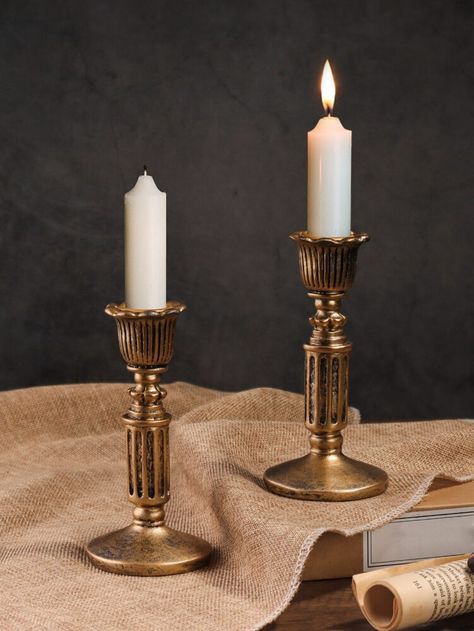 2pcs Polyresin Candle Holder, Vintage Design Candle Stand For Home | SHEIN EUR Victorian Candles, Gold Candle Holder, Candle Holder Vintage, Candle Stick Decor, Old Candles, Gold Candle Sticks, Antique Candles, Gold Candle Holders, Diy Candle Holders