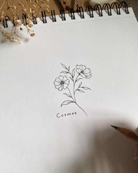 Small cosmos flower design. Cosmos is my favorite flower to draw at the moment. 🌸 There’s just something about its simplicity and grace that inspires me every time. #linedrawing #finelinedrawing #flowerinstagram #flowerillustrations #seracreates Minimalist Cosmos Flower Tattoo, Cosmos Flower Line Drawing, Primrose Flower Drawing Simple, Cosmo Flower Drawing Simple, Cosmo Line Drawing, Larkspur And Cosmos Tattoo, October Flower Drawing, Cosmos Tattoo Design, Cosmo Flower Drawing