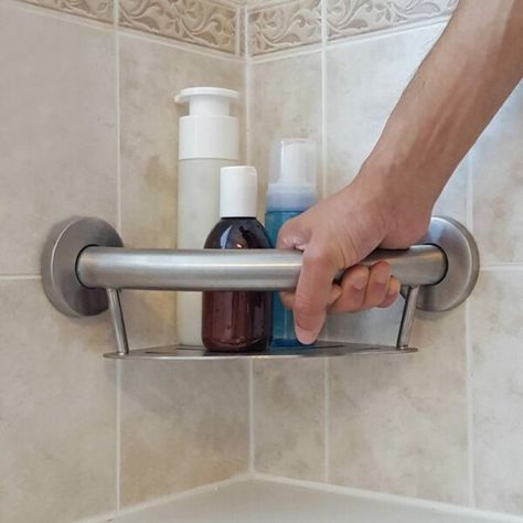 Senior Bathroom Design, Shampoo Shelf, Ada Bathroom, Shower Grab Bar, Grab Bars In Bathroom, Bathroom Shower Design, Cabin Bathrooms, Shower Storage, Bathroom Safety