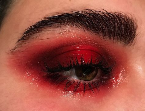 Glam Gore Makeup, Red Shadow Makeup, Unholy Makeup, Red Themed Makeup, Wrath Makeup, Red Makeup Halloween, Devilish Makeup, Red Eye Shadow Looks, Devil Costume Makeup