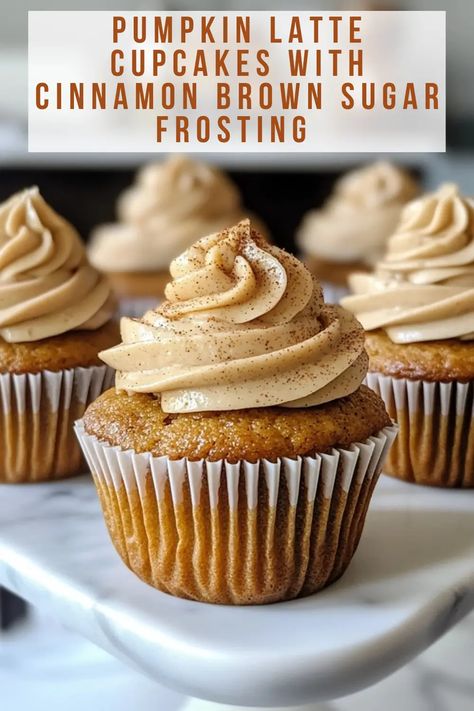 Cozy up with these Pumpkin Latte Cupcakes topped with cinnamon brown sugar frosting! Perfect for fall gatherings or a sweet treat at home. Get the recipe now! 🎃☕🧁 Mini Fall Cupcakes, Pumpkin Latte Cupcakes, Pumpkin Frosting, Cupcakes Gluten Free, Brown Sugar Frosting, Thanksgiving Baking, Thanksgiving Cupcakes, Fall Goodies, Ganache Frosting