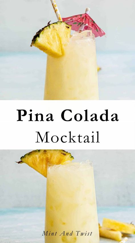 This Pina Colada mocktail combines cream of coconut with pineapple juice and a touch of lemon. Fill with ice and add tropical garnishes. A fusion of tropical pineapple and creamy coconut flavors, this virgin piña colada recipe is the perfect refreshing drink for hot summer days. It’s a non-alcoholic drink that captures the vibrant essence of the classic piña colada and offers a fun and delicious twist. It offers the entire family an opportunity to enjoy it. Pina Colada Recipe Non Alcoholic, Colada Drinks, Pina Colada Mocktail, Pina Colada Drinks, Summer Mocktails, Easy Mocktails, Virgin Pina Colada, Cream Of Coconut, Virgin Drinks