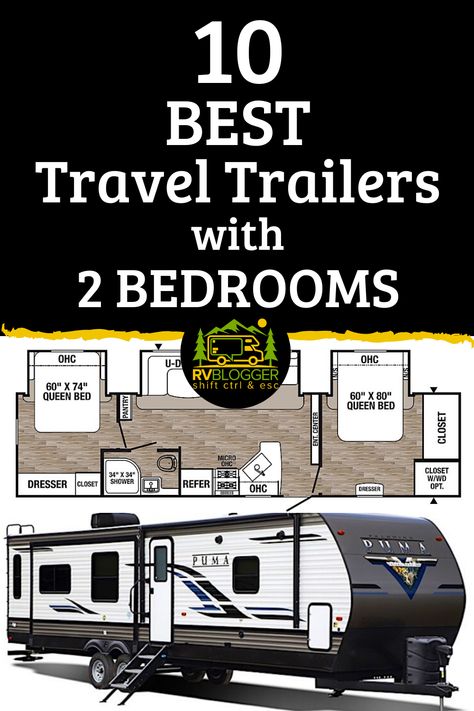 Travel Trailer Floor Plans, Camper Flooring, Best Travel Trailers, 2 Bedroom Floor Plans, Couples Camping, Travel Trailer Living, Rv Floor Plans, Used Travel Trailers, Rv Types