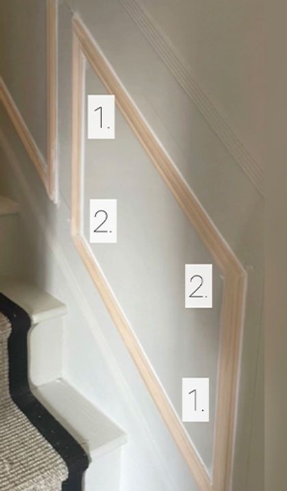 Stairs panelling - how to template the angles with no tools Paneling Up Staircase, Panelling For Stairs, Box Molding On Stairs, Hallway And Stair Panelling, Molding On Stairs Wall, Wall Molding Stairs Stairways, Half And Half Stair Walls, Wall Trim Going Up Stairs, Panelling On Stairs Staircases