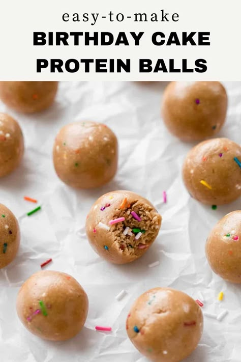 These Birthday Cake Protein Balls are made with cashew butter, almond flour, and protein powder for a healthy protein-packed snack that is no-bake and made directly in a mixing bowl. These protein balls require no baking, are easy-to-make, gluten-free, vegan, and vegetarian friendly! The perfect recipe for a delicous snack or healthy dessert. High Protein Birthday Cake, Cake Batter Protein Balls, Birthday Cake Protein Balls, Cake Protein Balls, Birthday Cake Protein, Gut Protocol, Postpartum Meal, Cake Batter Protein, Cake Batter Cookies