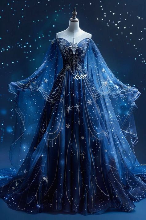 Blue Star Dress Aesthetic, Dark Blue Starry Dress, Starry Dress Aesthetic, Feyre Night Court Dress, Constellation Dress Gowns, Celestial Wedding Dress Blue, Sapphire Blue Wedding Dress, Fantasy Dress Inspiration, Celestial Quinceanera Dress