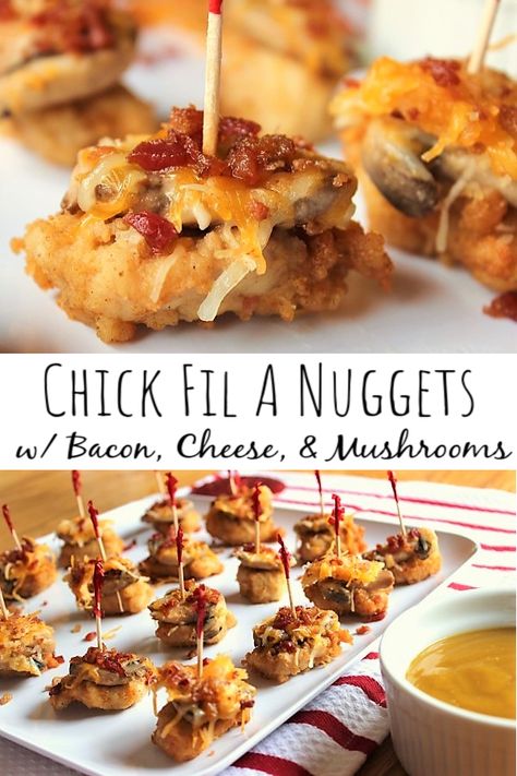 Why not dress up your Chick Fil A nuggets? Of course they're amazing by themselves, but they're also great dressed up as an appetizer! These are super easy to make. Just use their honey mustard as a dipping sauce and your guests will be so impressed! #chickfila #chickfilanuggets #chickfilachickennuggets #chickennuggets #chickennuggetsappetizer #nuggetsappetizer #dressupchickennuggets #appetizer #horsdoeuvre #horsdoeuvres Chicken Nuggets Appetizer, Chicken Nugget Appetizers, Chicken Nugget Dipping Sauce Recipes, Chicken Nugget Appetizer Ideas, Chicken Nugget Party Platter, Best Chicken Nugget Dipping Sauce, Chick Fil A Nuggets Recipe, Chic Fa La Chicken Nuggets, Chick Fil A Chicken Nuggets