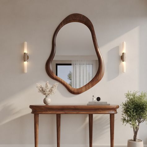 NOTE: ASYMMETRICAL MIRROR PRODUCTION OPTIONS FROM WALNUT, OAK AND BEECH TREES ARE AVAILABLE ON OUR PAGE FOR ALL MODELS. DO NOT HESITATE TO CONTACT US FOR YOUR SPECIAL REQUESTS. WARNING! THE TABLE IN THE PICTURE IS FOR VISUAL PURPOSES AND IS NOT INCLUDED IN THE PRICE. Discover asymmetrical wall mirrors that bring the warmth of nature and the elegance of modernity to your home at the same time. Add freshness to your spaces with these asymmetrical mirrors made by a real wood master. Go beyond the s Nature, Mirror Models Design, Japandi Wall Mirror, Mirrors Living Room Decor, Real Bedroom Pictures, Statement Mirror Living Room, Mirror In Apartment, 3 Mirrors On Wall Ideas, Boho Apartment Aesthetic