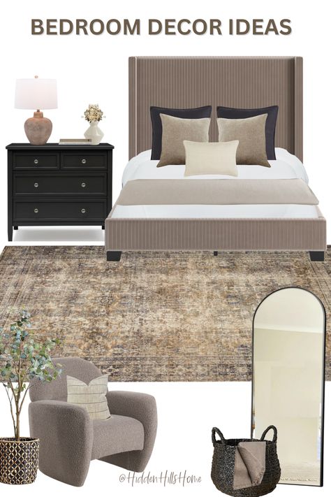 Bedroom decor mood board with dark moody tones! This brown upholstered bed pairs nicely with the oversized black nightstand! This brown tones in the rug pull the space together nicely Taupe Headboard Bedroom Ideas, Taupe Bedroom With Black Accents, Taupe Headboard Bedroom Color Palettes, Taupe Headboard, Black Brown Cream Bedroom, Black Cream And Taupe Bedroom, Black White And Tan Bedroom Modern, Black Euro Pillows On Bed, Bedroom With Brown Bed