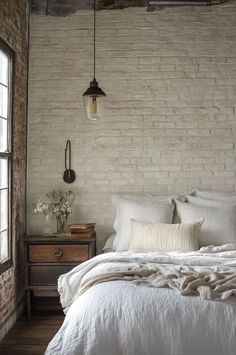 "Elevate your space with the allure of textured wall finishes! 🎨🧱 A great way to bring depth and character to your interior design. 🌿✨ #WallInspiration #TexturedDecor #HomeStyle" White Brick Room Bedrooms, White Brick Wall Bedroom Ideas, White Brick Bedroom, White Brick Wall Bedroom, Brick Wall Bedroom Ideas, Bedroom Brick Wall, Texture Bedroom, Whitewash Brick Wall, Brick Wall Bedroom