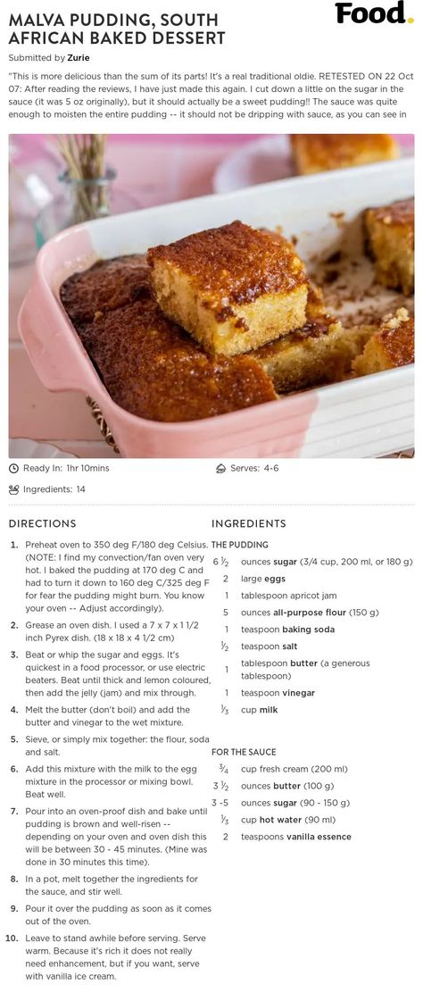 Recipe of malva pudding Pudding Recipes Homemade, Easy Tart Recipes, Malva Pudding, Easy Puddings, Homemade Recipes Dessert, Cookie Recipes Homemade, Homemade Cake Recipes, Cocktail Recipes Easy, Easy Baking Recipes Desserts