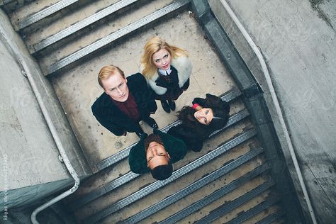 Group of four people on a stone staircase by kkgas Group Stairs Photoshoot, Going Up Stairs Reference, Staircase Group Photoshoot, People On Stairs, Group Of Four, Four People, People Walking Up Stairs, Pose Reference 3 People, Staircase Photoshoot