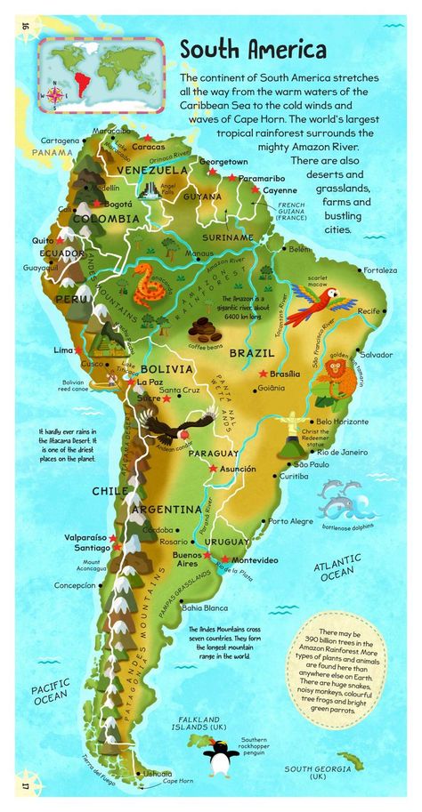 Illustrated by Alistar Illustration, available at Miles kelly Publishing World Geography Map, Hand Drawn Maps, Map Of South America, Atlas Book, General Studies, South America Map, Maps Of The World, Map Puzzle, Homeschool Worksheets