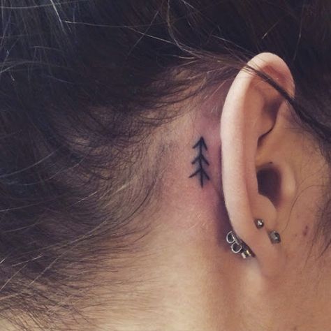 Tiny tattoos: pine tree Tree Tattoo Behind Ear, Moon Tattoo Behind Ear, Woman Tree Tattoo, Tattoo Aesthetics, Behind Ear Tattoos, Tattoo Behind Ear, Leaf Tattoo, Pine Tree Tattoo, Tree Tattoos