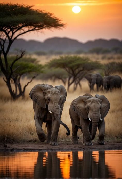 Two elephants stand face-to-face by a waterhole in the savanna, reflected in the water at sunset, with a herd in the background. Two Elephants, Woods Animals, Animals Africa, Safari Landscape, Amazing Photography Powerful Images, Photography Animals, Animal Safari, Land Animals, Elephant Photo