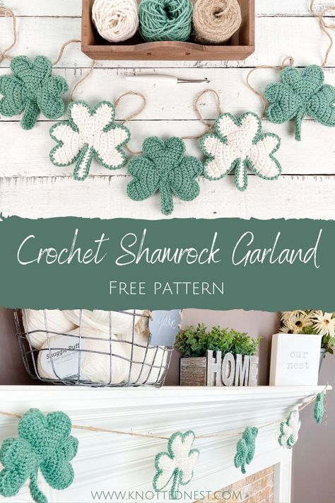 Add some handmade love to your St. Patrick's Day decor with this crochet shamrock garland. String these puffy shamrocks as a bunting or use them individually as window or table decoration. #freecrochetpattern #stpatricksdaycrochet #crochet4leafclover #crochetshamrocks Crochet Shamrock, Shamrock Garland, Single Crochet Decrease, Crochet Garland, Crochet Holiday, Crochet Decrease, St Patrick's Day Decorations, St Patrick's Day Crafts, Holiday Crochet