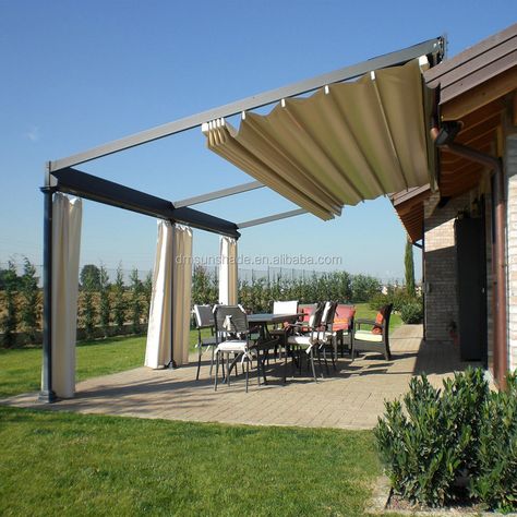 Outdoor electric LED pergola retractable roof awning https://m.alibaba.com/product/60750908734/Outdoor-electric-LED-pergola-retractable-roof.html?__sceneInfo={"cacheTime":"1800000","type":"appDetailShare"} Electric Pergola, Hot Tub Pergola, Pergola Metal, Iron Pergola, Wisteria Pergola, Pergola Ideas For Patio, Wall Mounted Pergola, Curved Pergola, Pergola Retractable