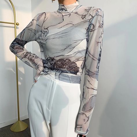 Yedinas Turtleneck Mesh Blouse Women Renaissance Print Long Sleeve See Through Top Ladies Sheer Designer Top Clothing|Blouse| - AliExpress Sheer Sleeves Top, Shirt Blouses Women's, Mesh Blouse, Blouse Material, Women Long Sleeve Tops, Long Sleeve Turtleneck, Mesh Long Sleeve, Woven Dress, Sheer Sleeves